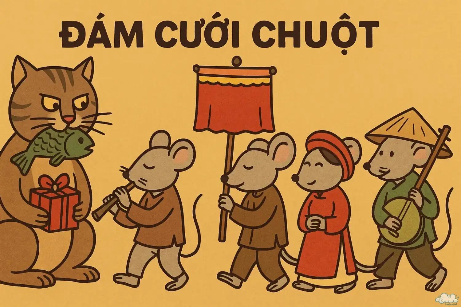 Tranh dân gian Đông Hồ minh họa đám cưới chuột – chuột đưa lễ vật cho mèo trong hôn lễ