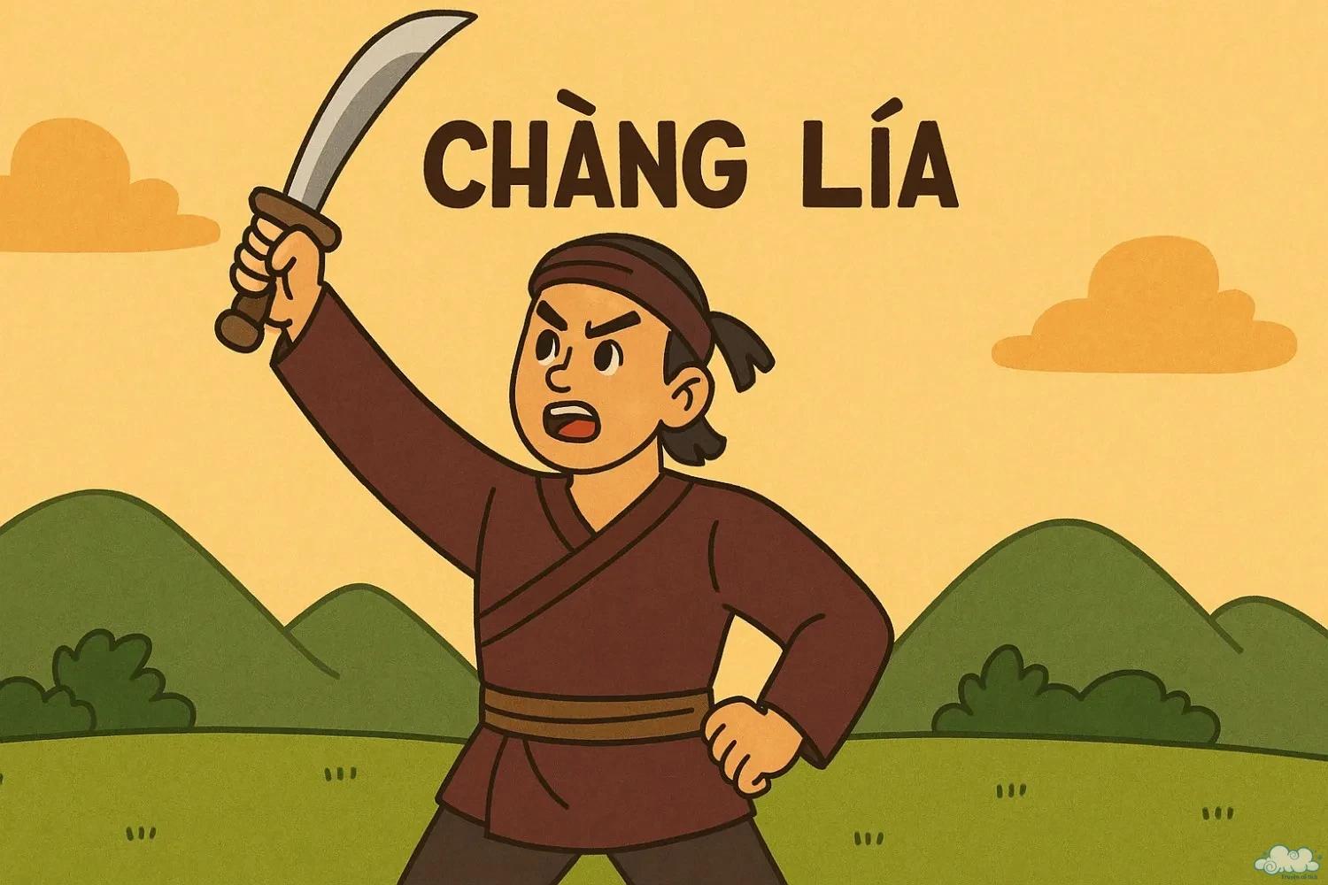 Chàng Lía tay cầm đao, dẫn đầu đoàn quân nông dân khởi nghĩa – Tranh minh họa truyện dân gian Việt Nam