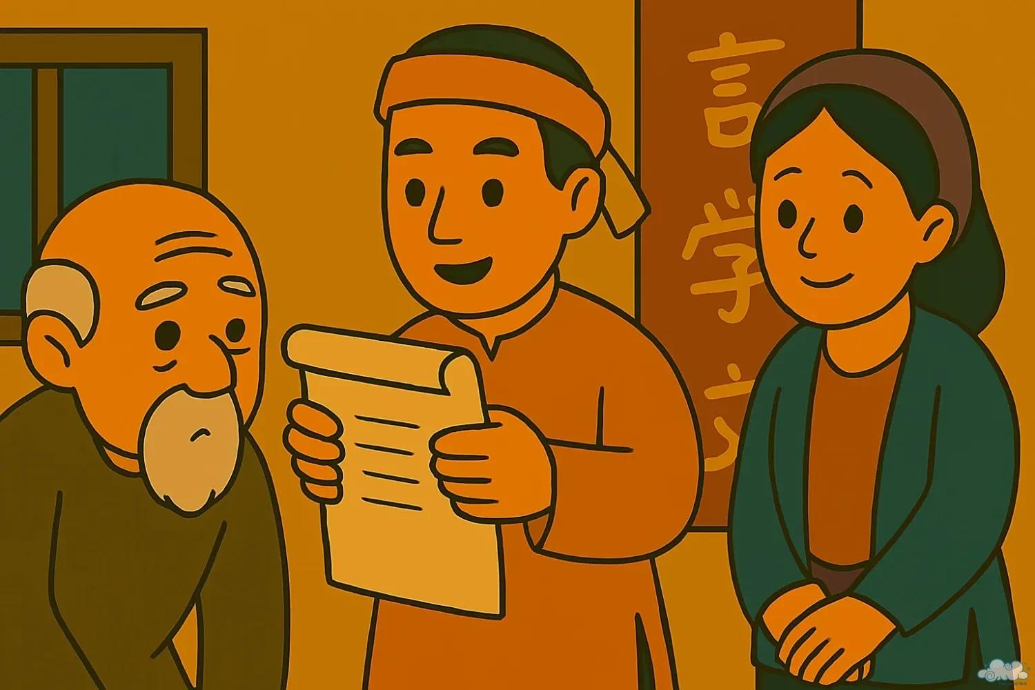 Tranh minh họa truyện Chàng rể hay chữ – cảnh chàng rể ứng đối trước quan