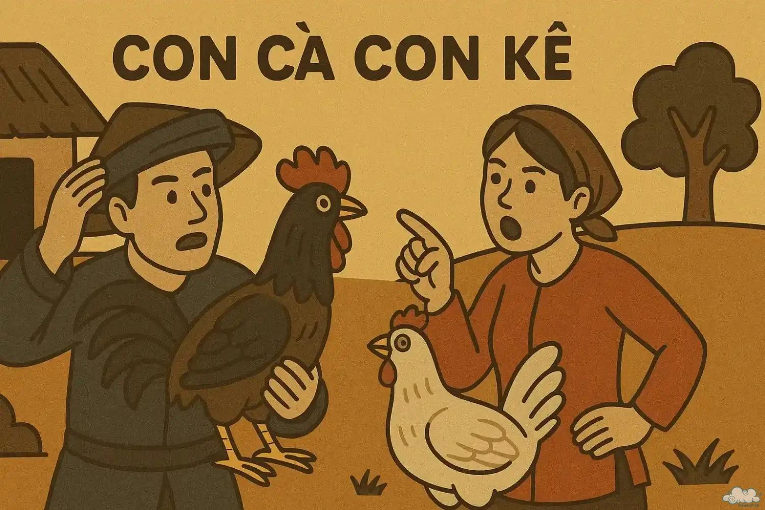 Minh họa cảnh người kể chuyện “con cà con kê”