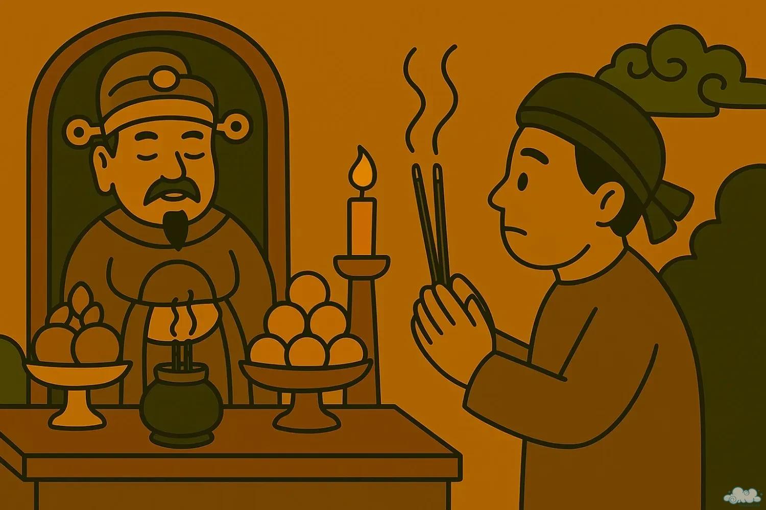 rạng Quỳnh dâng đĩa trứng luộc lên bàn thờ Thành Hoàng để lễ tạ một cách chững chạc và hài hước