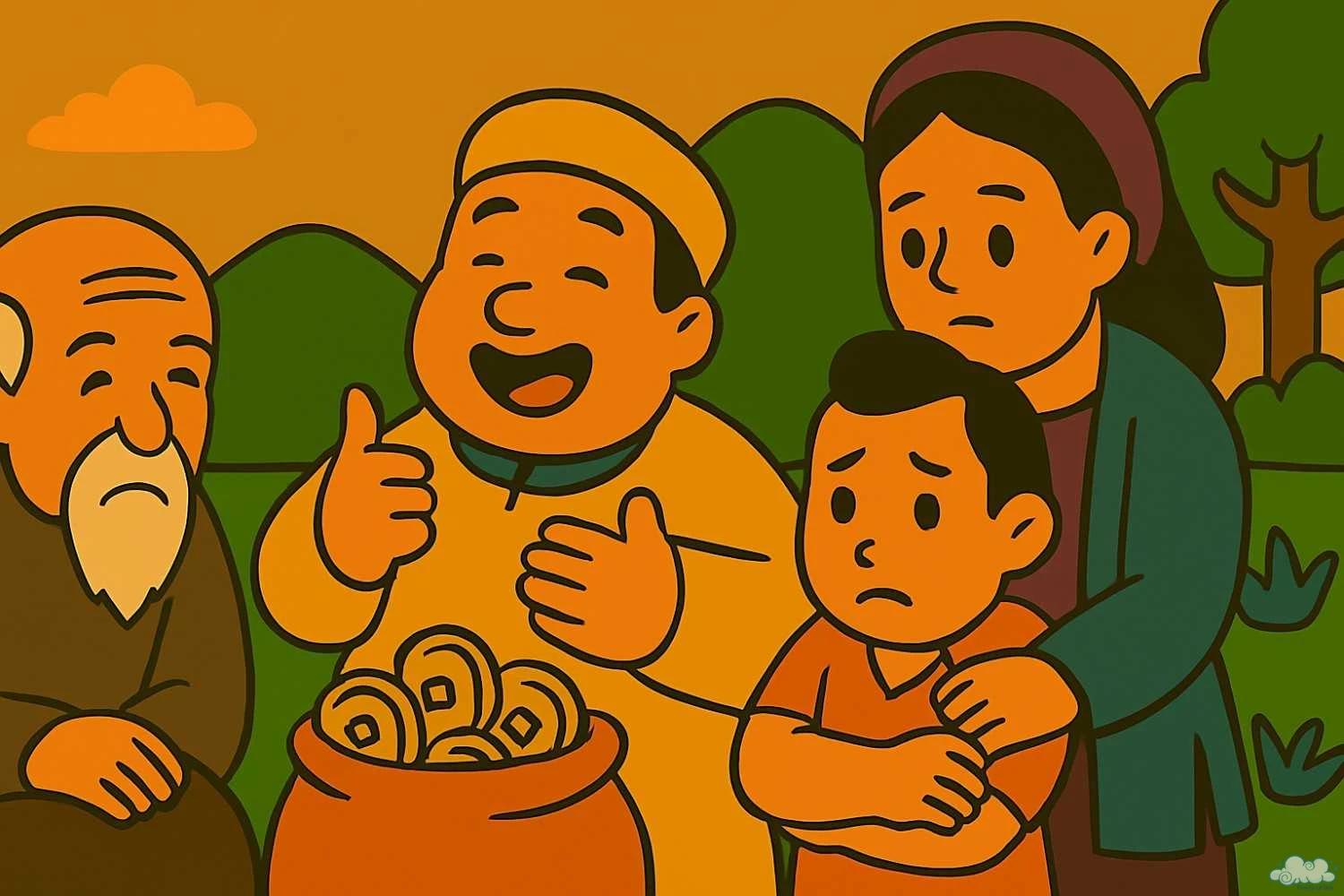 Cảnh gia đình ba đời giàu – minh họa truyện dân gian Việt Nam về phúc đức