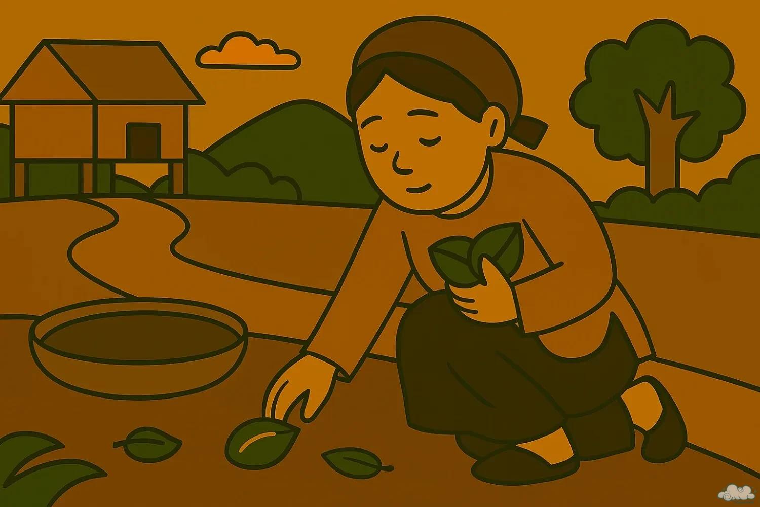 Cậu bé nhặt bã trầu trước cổng đình – minh họa truyện dân gian Việt Nam
