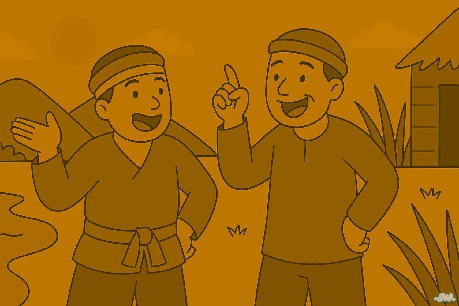 Minh họa truyện cười Nói Khoác Gặp Nhau – hai người đàn ông thi nhau nói khoác gây cười