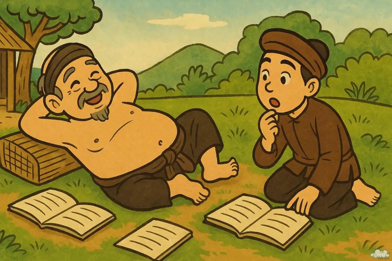 Anh học trò phơi bụng ngoài nắng – tranh minh họa truyện dân gian Việt Nam