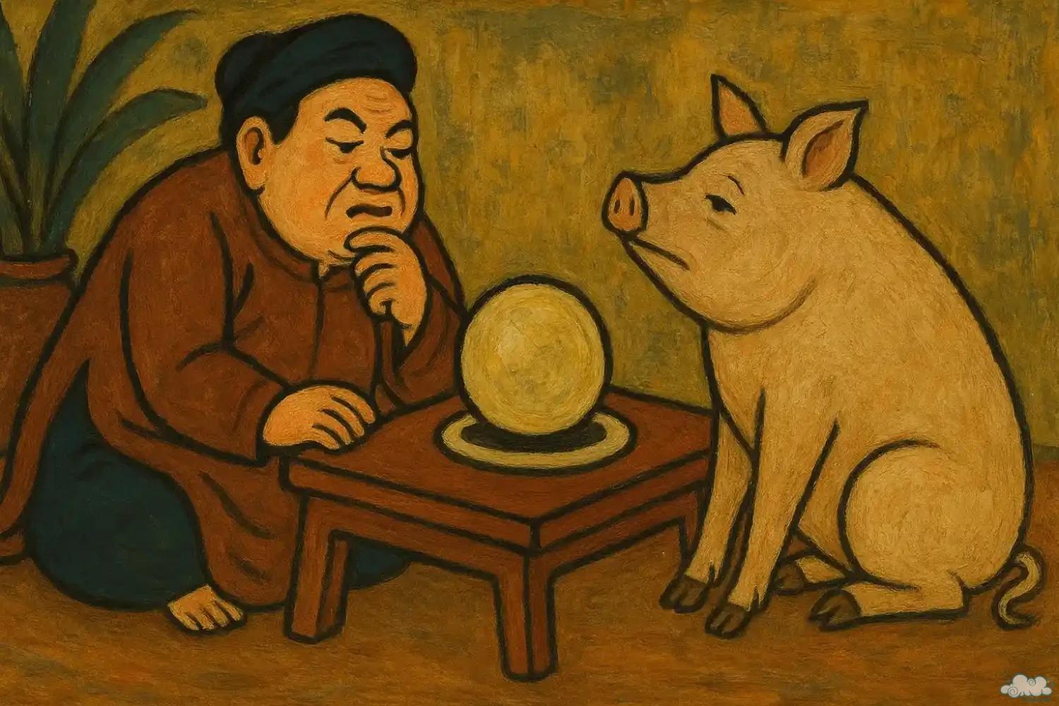Trạng Lợn giả làm thầy bói đang gieo quẻ – minh họa truyện dân gian Việt Nam