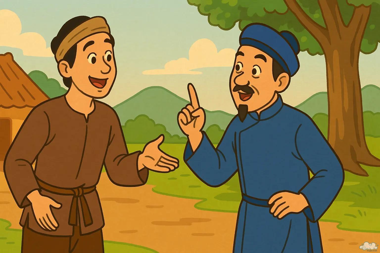 Hình ảnh người nông dân ứng đối tài tình trước nhà vua – Tranh minh họa truyện dân gian Việt Nam Xứng Tài Đối Đáp