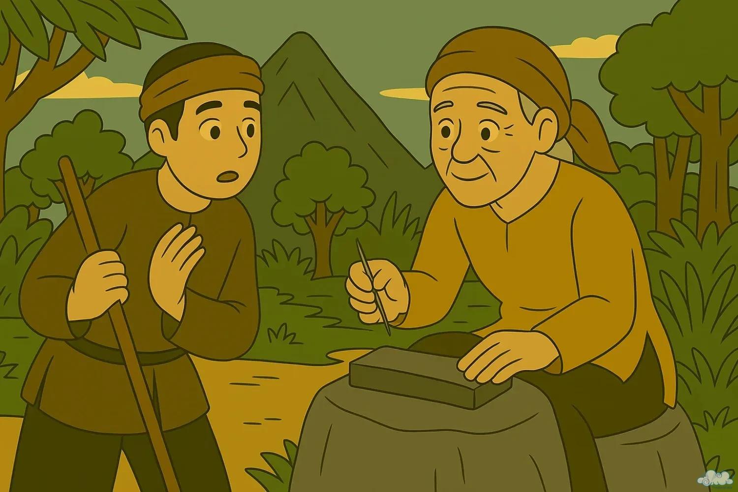 Có công mài sắt có ngày nên kim Minh họa bà lão đang mài thỏi sắt thành cây kim – hình ảnh trong truyện ngụ ngôn “Có công mài sắt có ngày nên kim”