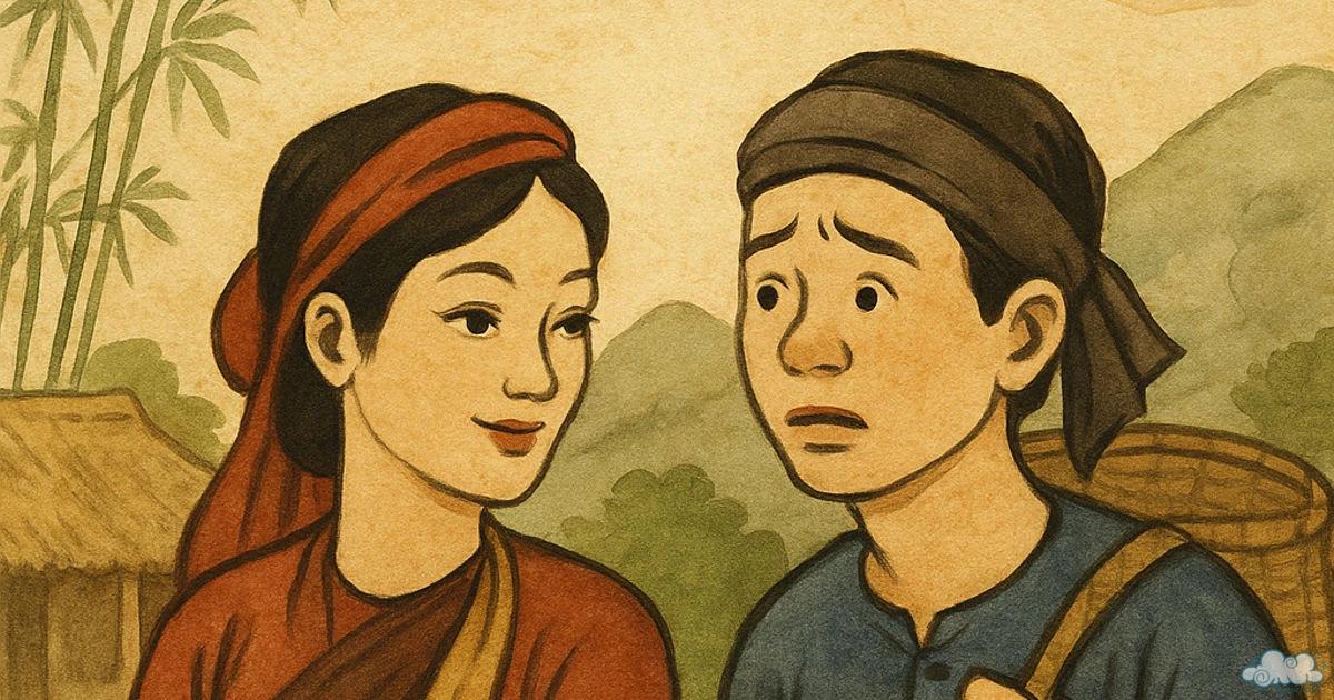 Con vợ khôn lấy thằng chồng dại như bông hoa nhài cắm bãi phân trâu Tranh minh họa người vợ thông minh đứng cạnh người chồng ngốc nghếch trong khung cảnh làng quê Việt Nam