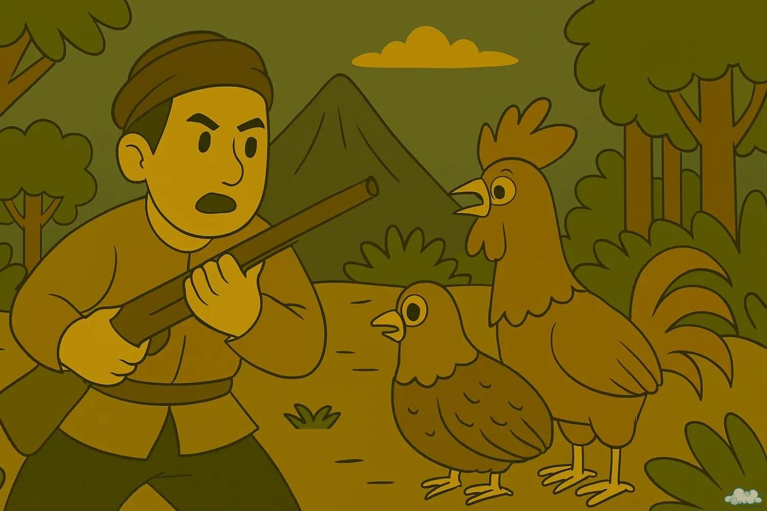 Người săn chim, gà gô và gà trống Người thợ săn và ba loài chim – minh họa truyện ngụ ngôn Người săn chim, gà gô và gà trống